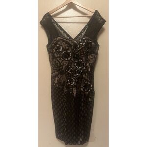 Sue Wong Black Nude Bead Sequin Embroidered Lace Sleeveless Cocktail Dress Sz 8